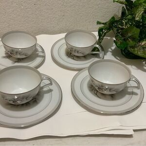 Vintage Kent China “Silver Pine“ Tea Cup & Saucer Set Of 4 B2